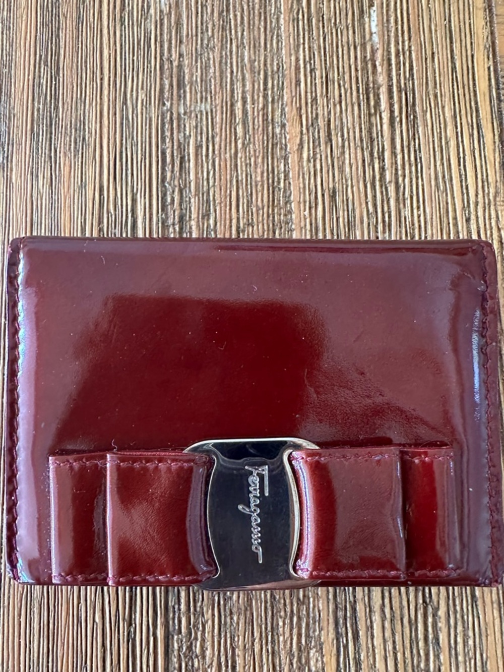 Retro Salvatore Ferragamo Red Patent Leather Card Holder with Bow Accent